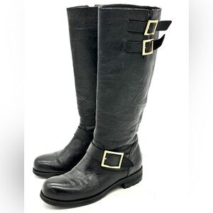 Jimmy Choo Black Leather Knee High Buckle Boots